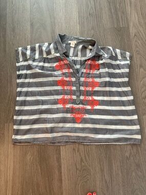 Sundance Gray & White Striped Blouse with Orange Floral Embroidery